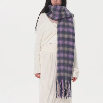 Winter Warm Cashmere Fashion Purple Gray Gradient Plaid Scarf