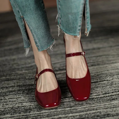 New Red Black Mary Janes High Quality Leather Square Toe Buckle Strap Women's Shoes Low Heel Pumps