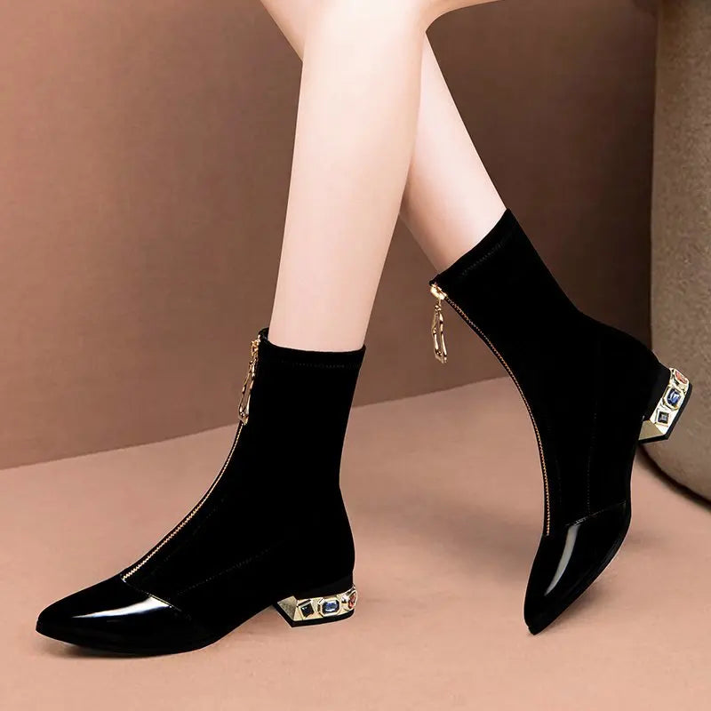 New Sexy Crystal Pointy Rhinestone Black Ankle Boot