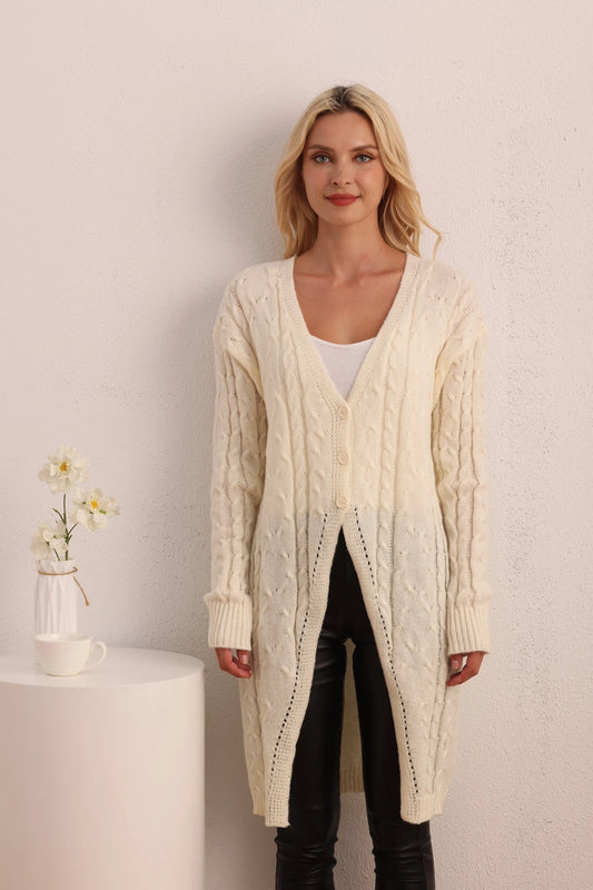 New Casual Long Knitted Long-Sleeved Twist Button Cardigan