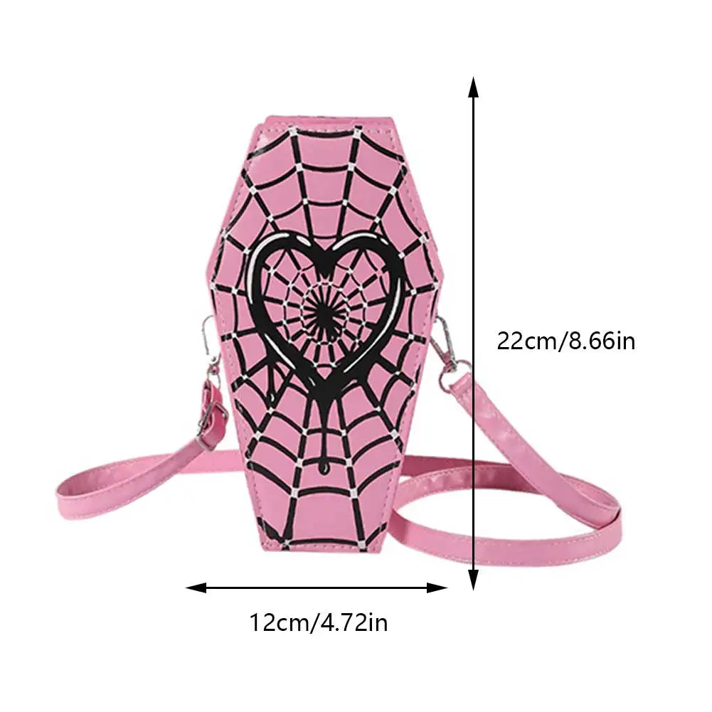 Novelty Halloween Gothic Coffin Shape Spider Web Sling PU Leather Bag