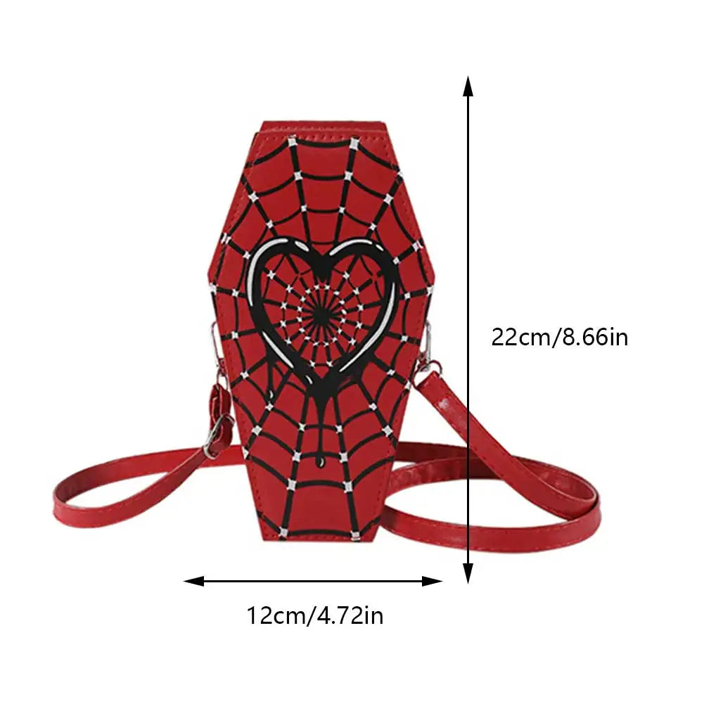 Novelty Halloween Gothic Coffin Shape Spider Web Sling PU Leather Bag