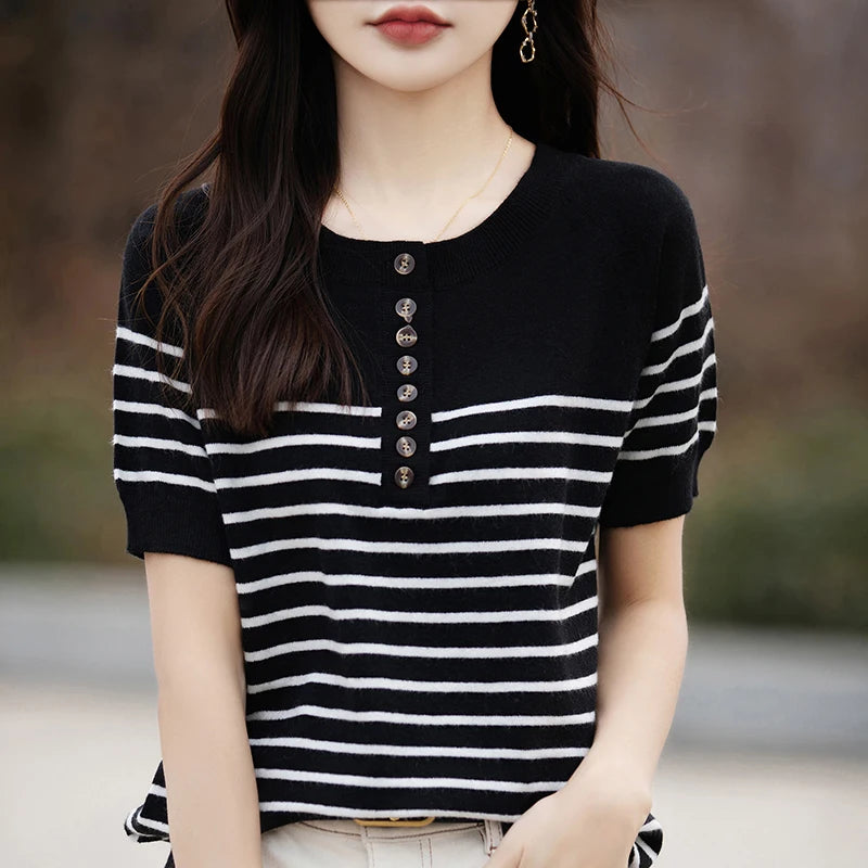 O-Neck Stripe Summer Short Thin Casual Fashion Knit Sweater