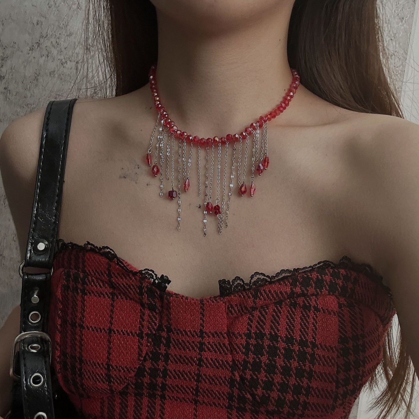 Red Crystal Tassel Unique Aesthetic Necklace