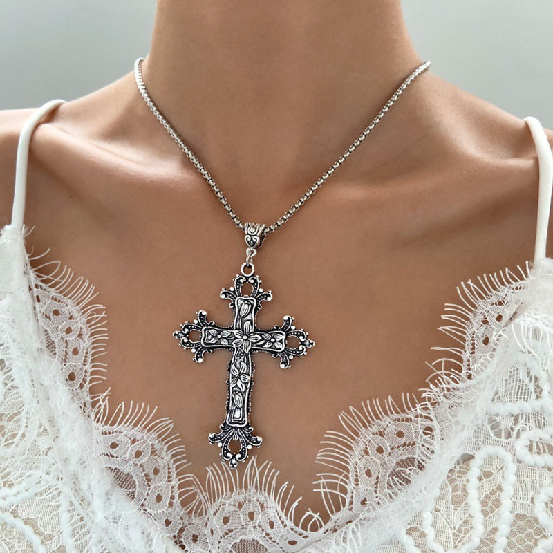 Exaggerated Gothic Silver Cross Hip-hop Sweater Necklace