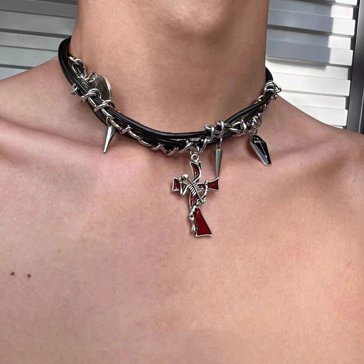 Hip-hop Dark Cross Rivet Triple Leather Necklace