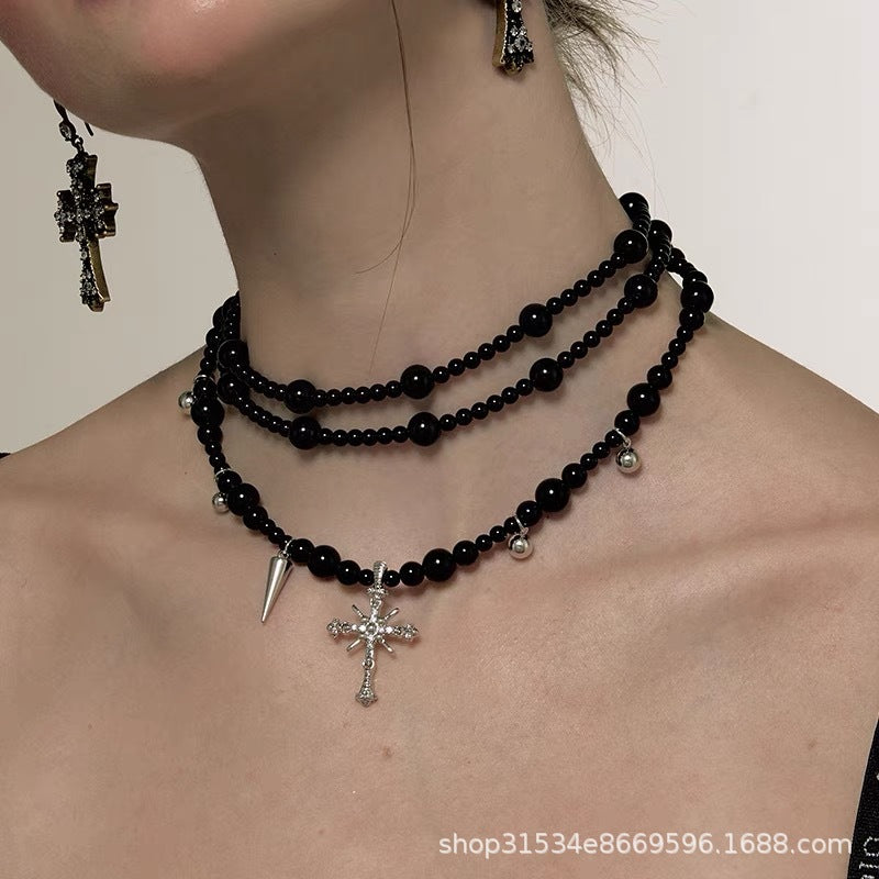 Dark Gothic Cross Beaded Multi-layer Sweater Necklace