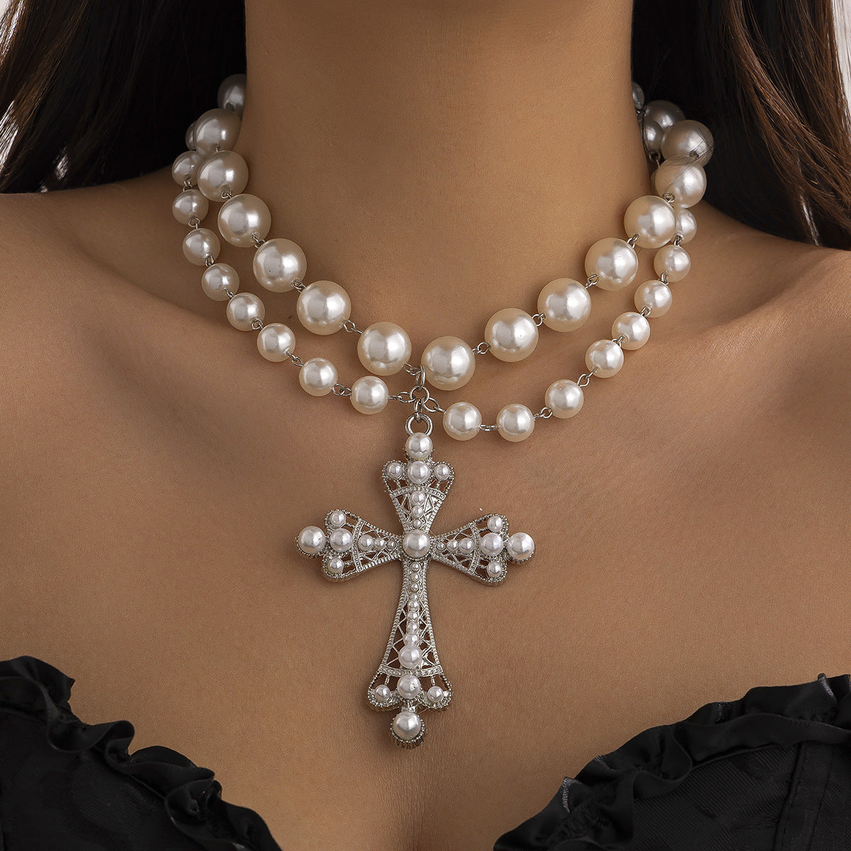 Imitation Pearl Cross Gothic Pendant Necklace