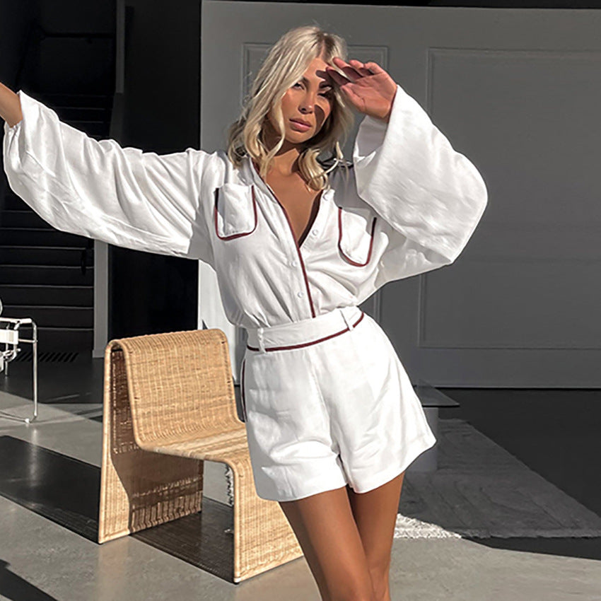 Fashionable White Cotton Modern Chic Comfortable Color-Block Stylish Fall Suit