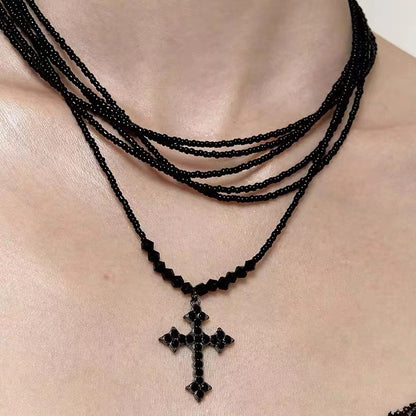 Retro Cross Layered Beaded Sweet Cool Punk Necklace