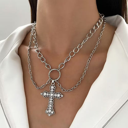 INS Alloy Vintage Diamond Cross Pendant Necklace