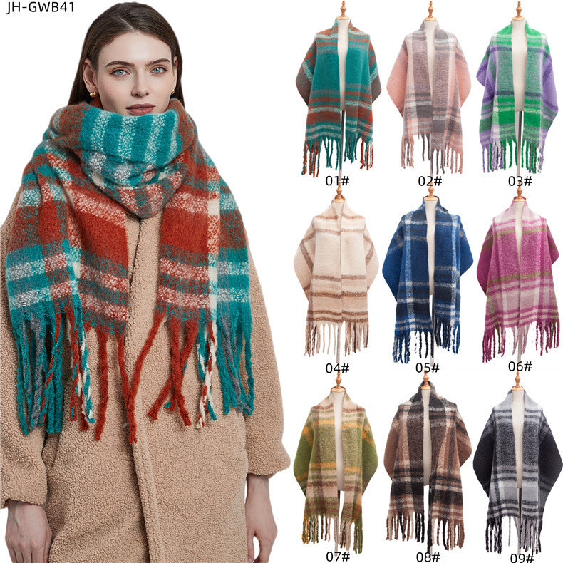 New Autumn Winter Thickened Coarse-tassel Plaid Warm Scarf