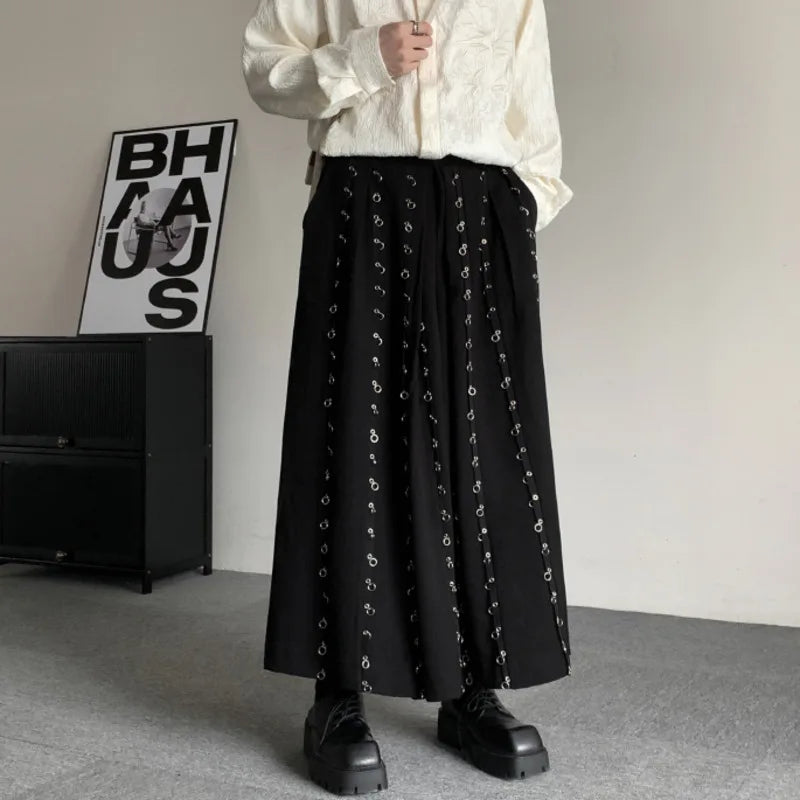 Casual Pants Men Metal Button Patchwork Wide Leg Pants