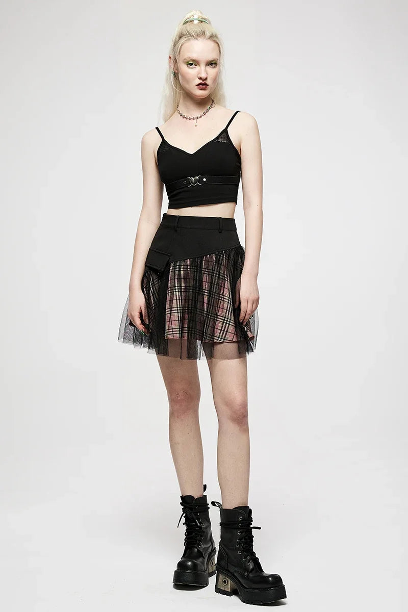 Women's Mesh Panel Plaid High Waist Short College Style Stitched A-line Youth Girl Mini Skirt