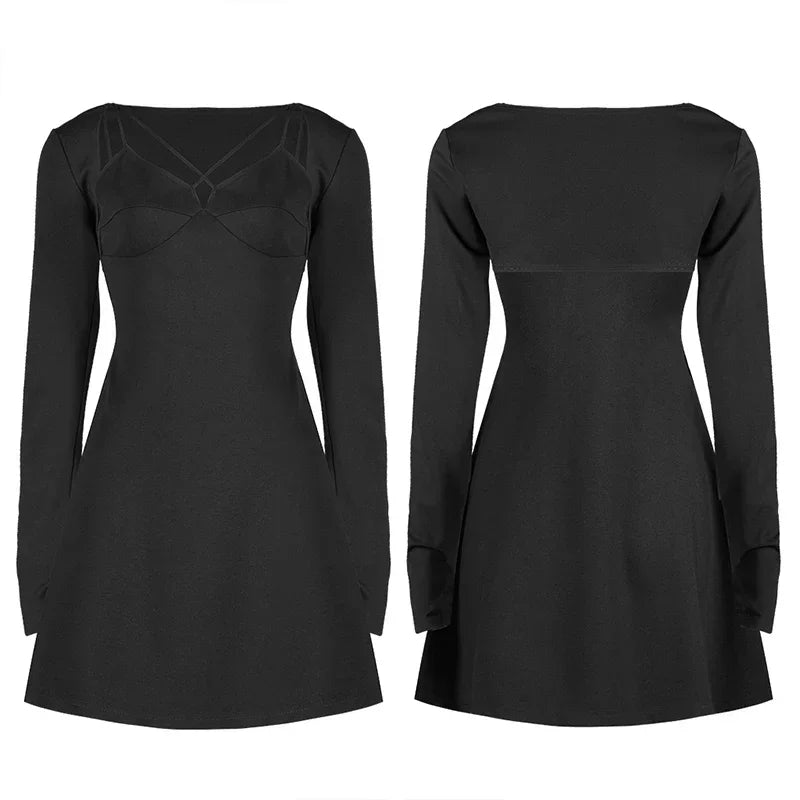 Punk Two-piece Fitting A-shape Sexy Charming Elasticity Slim Black Gothic Dress