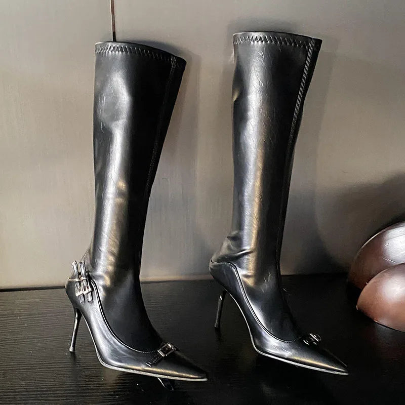 Unique Chic Stylish Pointed Toe Buckle Design Knee High Boots