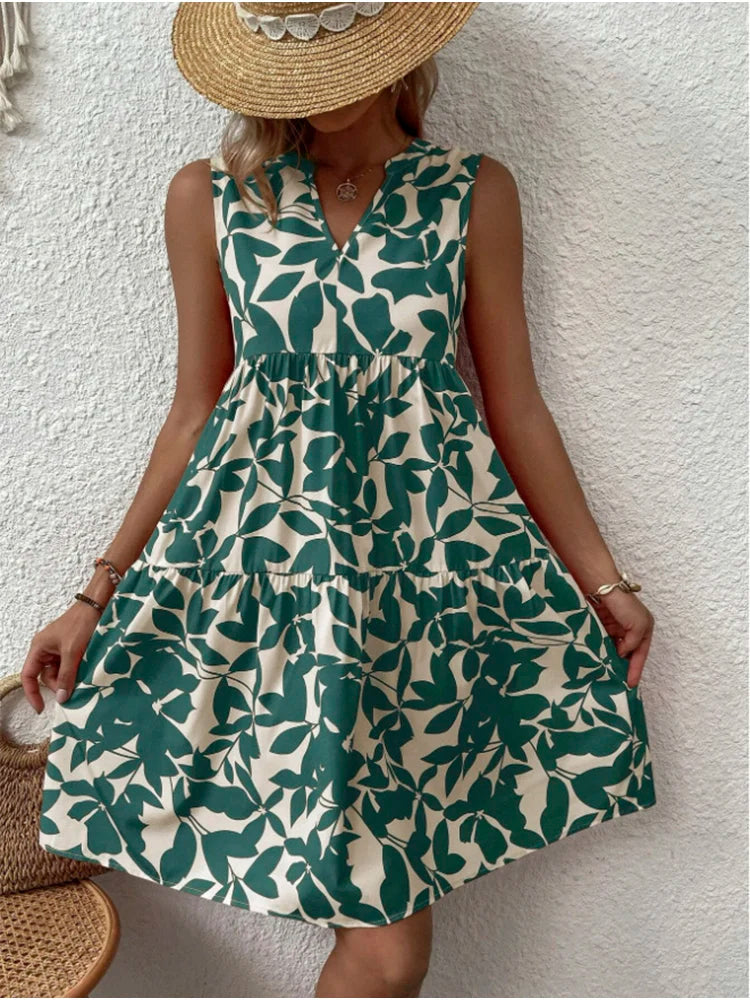 Print Women V Neck Chic Elegant Woman  Beach Knee-length Midi Dresses