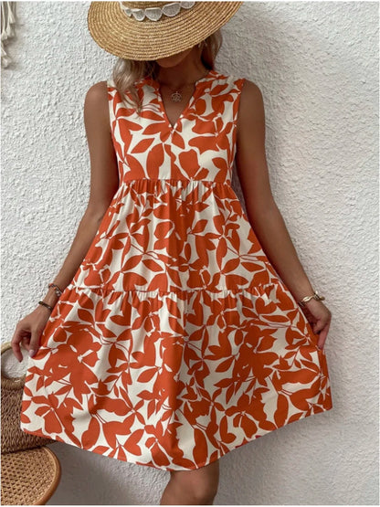 Print Women V Neck Chic Elegant Woman  Beach Knee-length Midi Dresses