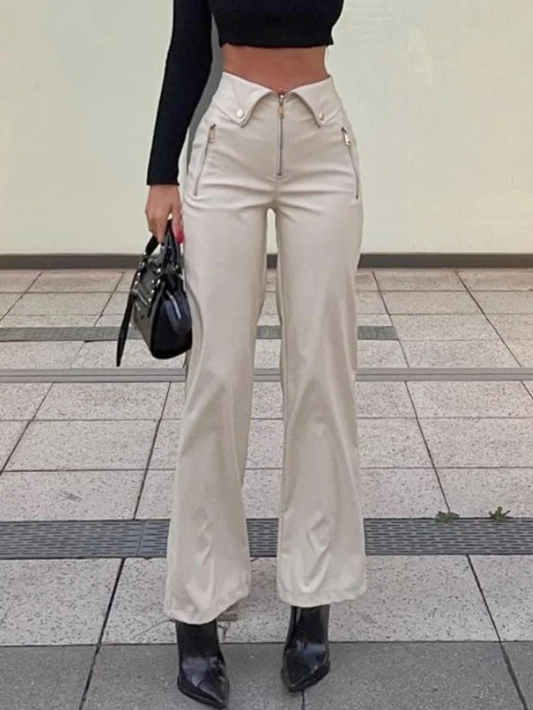 PU Leather Zipper Soft Straight Leg Y2K High Waist Casual Elegant Pants