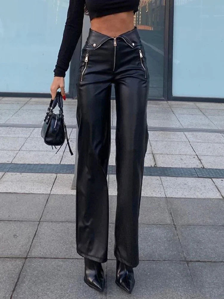 PU Leather Zipper Soft Straight Leg Y2K High Waist Casual Elegant Pants