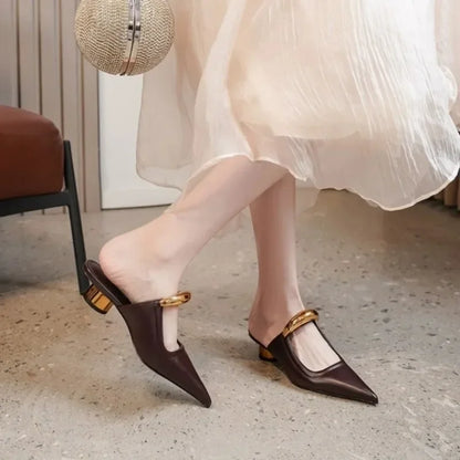 Punk Gothic Metal Buckle Pointed Thick Summer Slippers Platform Women's Shoes Low Heel Pumps