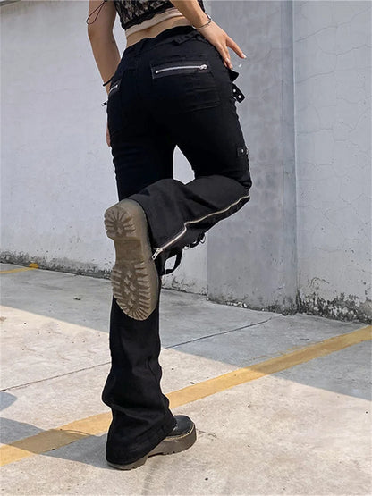 Punk Rivets Zipper Black Cargo Pants Y2K Techwear Leggings Pants