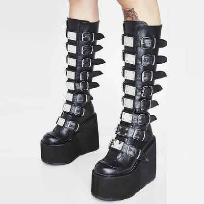 Punk Cosplay Comfort Long Tube Leather Black Platform Wedges Knee High Boots