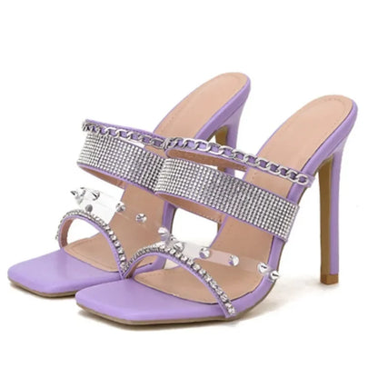 Purple Transparent PVC Band Rivet Slippers Square Head Peep Toe Rhinestones High Heel