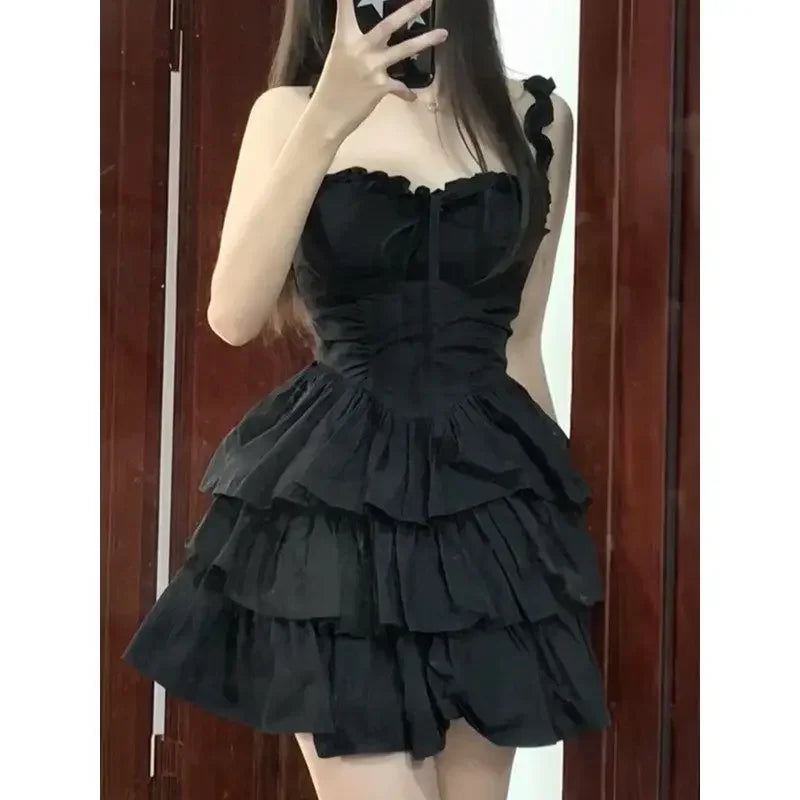 Hrajuku Goth Lolita Kawaii Cute Black Ruffles Soft Girl Y2K Coquette 2024 Fashion Cake Party Short Dress