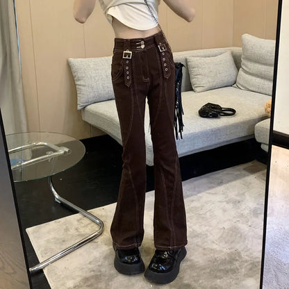 High Waisted Flare Autumn New High Street Brown Cool Casual Jeans