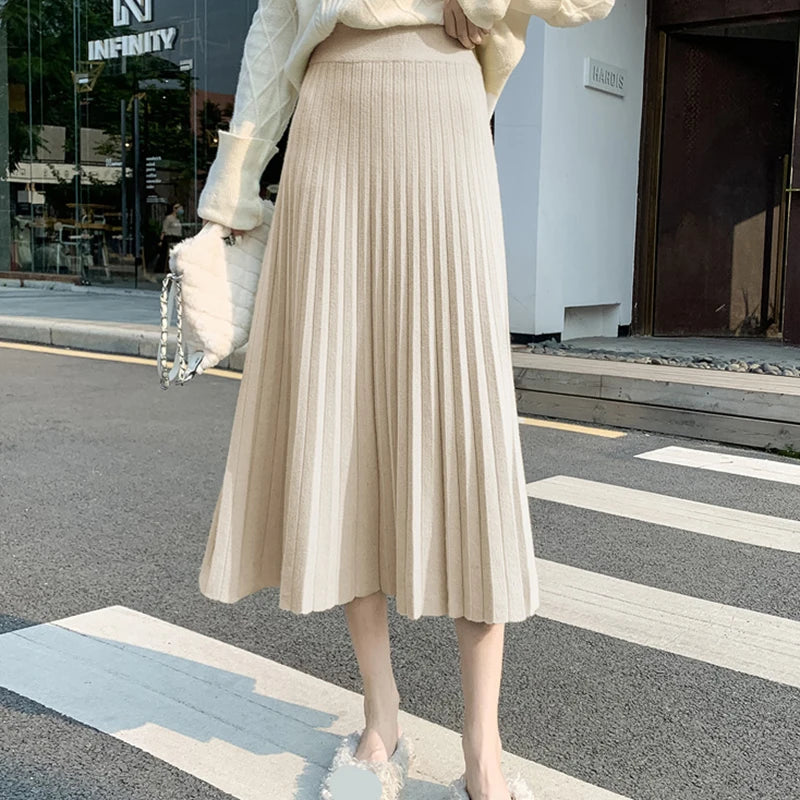 DressBetty - New Knitted Solid Color Pleated Long Skirt