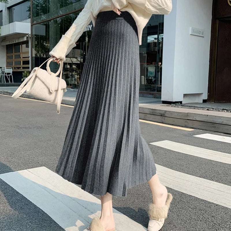 DressBetty - New Knitted Solid Color Pleated Long Skirt