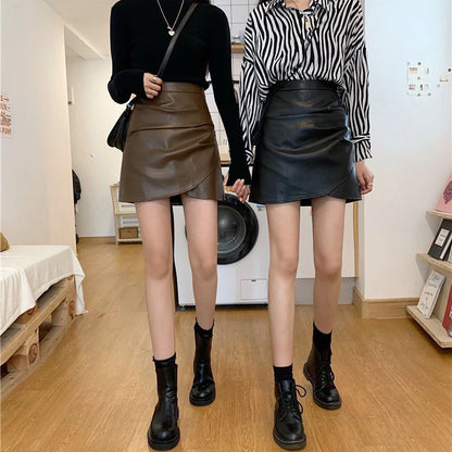 DressBetty - Pleated Pu Leather High Waist Irregular Skirt