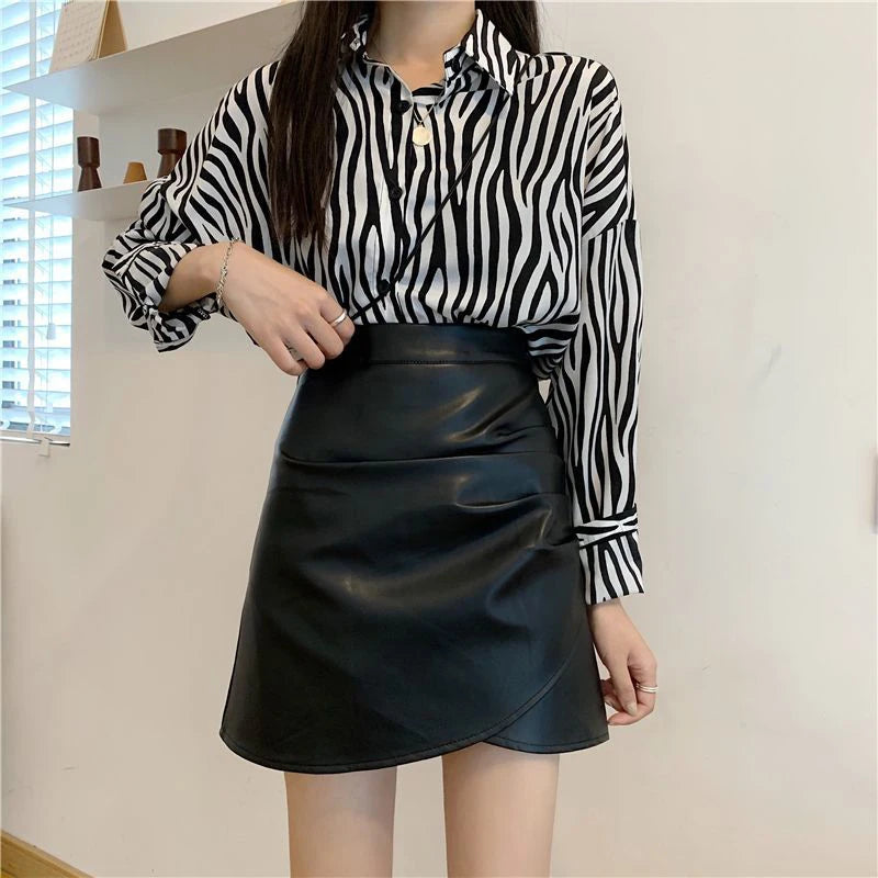 DressBetty - Pleated Pu Leather High Waist Irregular Skirt