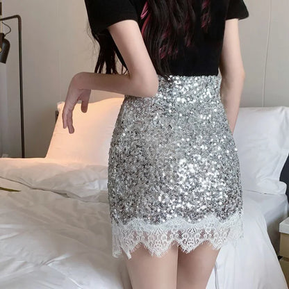 DressBetty - Sexy Silver Sequin Lace Patchwork Mini Skirt