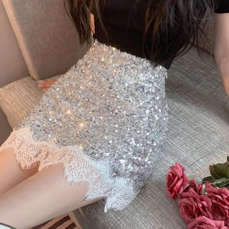 DressBetty - Sexy Silver Sequin Lace Patchwork Mini Skirt