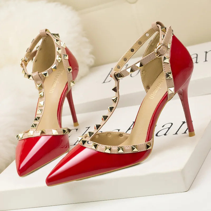 Rivet Pointed Toe Designer Hollow Red Fine High Heel Sexy High Heel