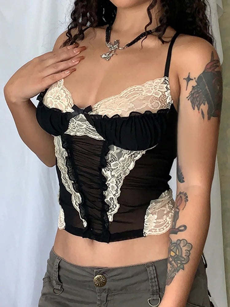 Lace Stitching Gothic Mesh Corset Crop Top