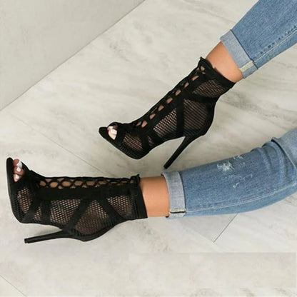 Roma Style Mesh Hollow Out Summer Ankle Boots Peep Toe Lace Up High Heel