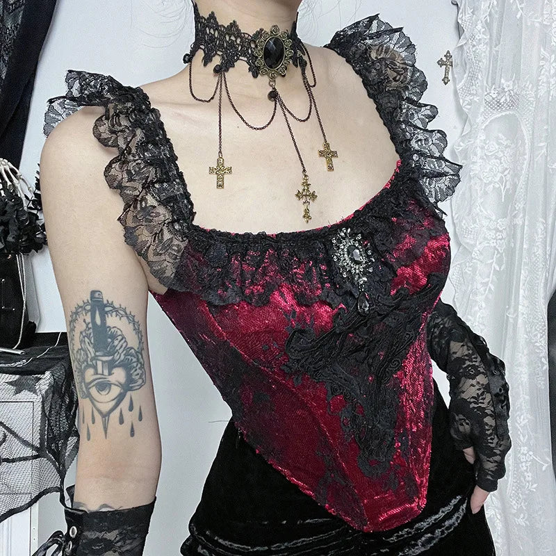 Gothic Punk Victorian Patchwork Ruched Lace Tube Bustier Crop Top