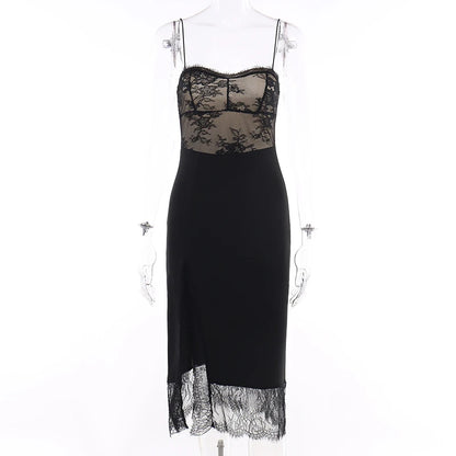 DressBetty - 2024 Sexy Black Spaghetti Strap Backless Split Lace Dress