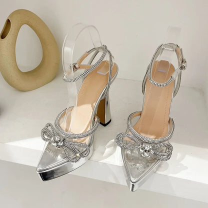 Elegant PVC Transparent Pointed Platform Women Rhinestone Butterfly-knot High Heel