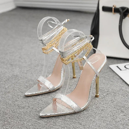 Trendy Sexy Peep Toe Pointed Head High Heel Chain Ankle Straps Summer High Heel