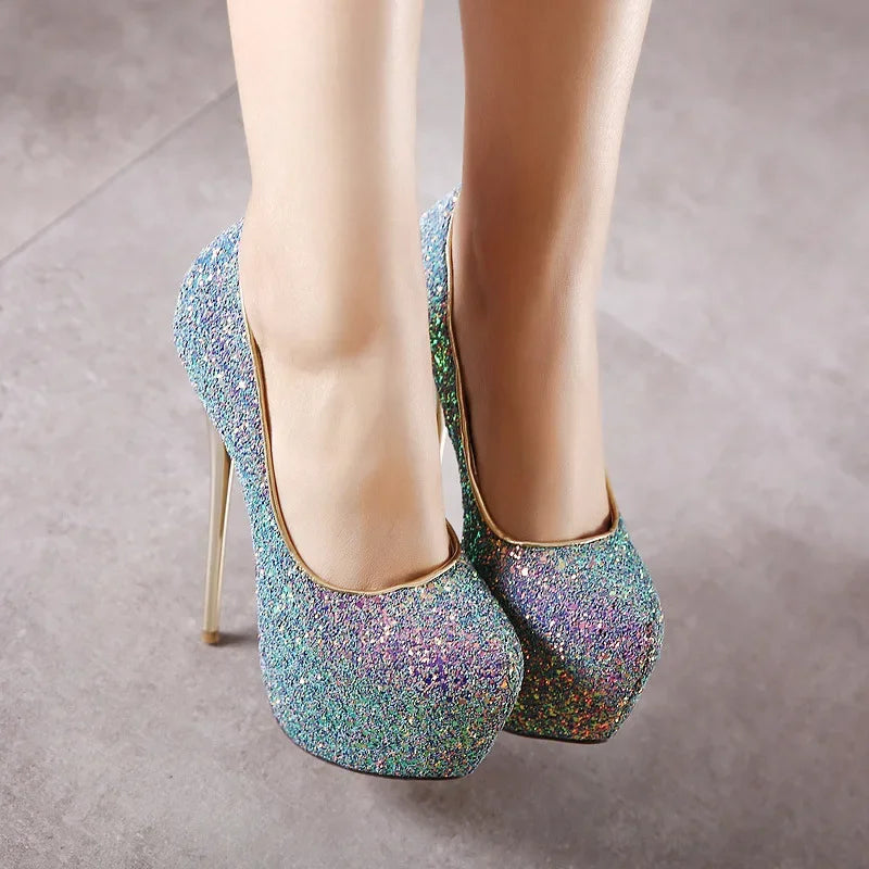 Platform Shallow Round Head Bling Sequins Ultra Thin High Heel High Heel