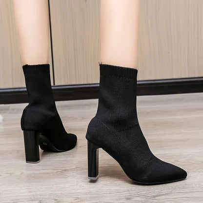 Sexy Pointed Toe Knitted Stretch Fabric Plus Size Black Modern Ankle Boot