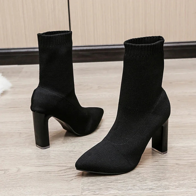 Sexy Pointed Toe Knitted Stretch Fabric Plus Size Black Modern Ankle Boot