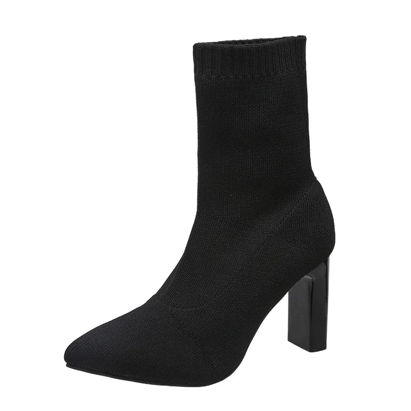 Sexy Pointed Toe Knitted Stretch Fabric Plus Size Black Modern Ankle Boot