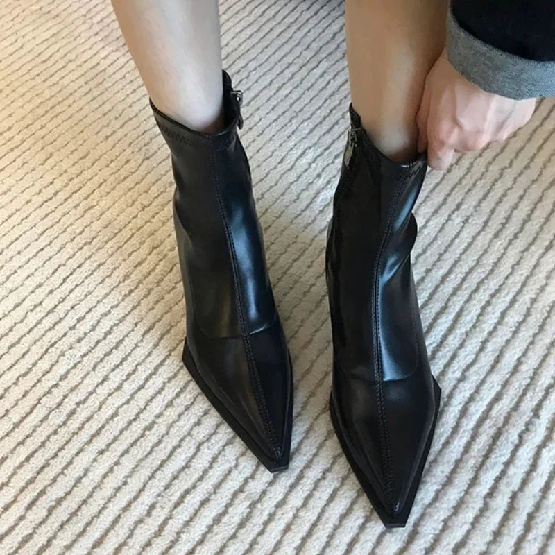 Sexy Pointed Toe Black Matte Simple Versatile Modern Ankle Boot