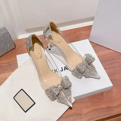 Transparent Rhinestone Butterfly-knot Pointed Toe Wedding High Heel High Heel