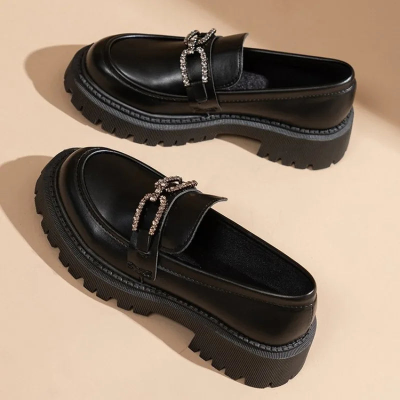 British Style Shallow Mouth Round Toe Fur Casual Black Sneakers Oxfords Loafers